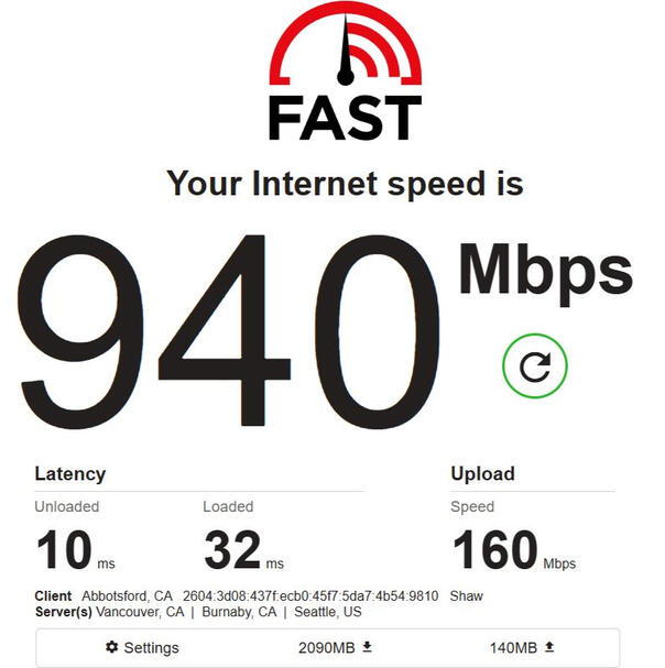 Fast Internet test 940 Mbps / 160 Mbs