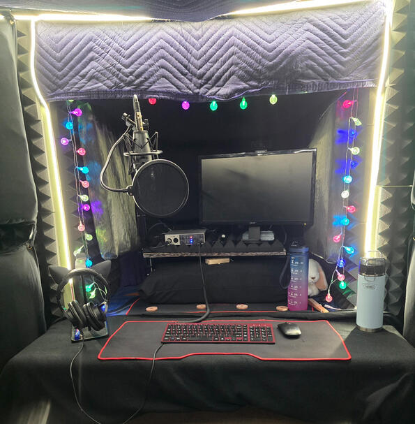 Recording studio front wall with microphone, interface, monitor, keyboard & mouse, and sound treatment